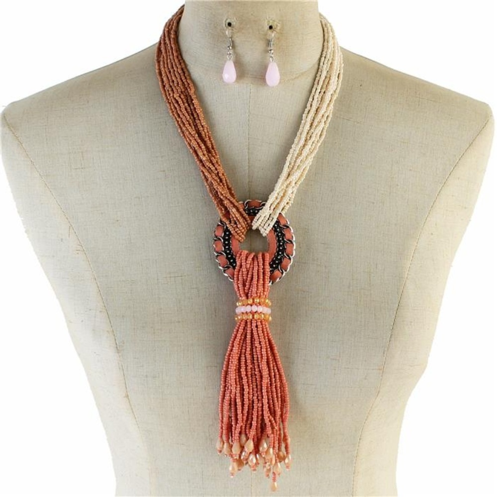 Multi Strand Peach Cream Tassel Necklace Set